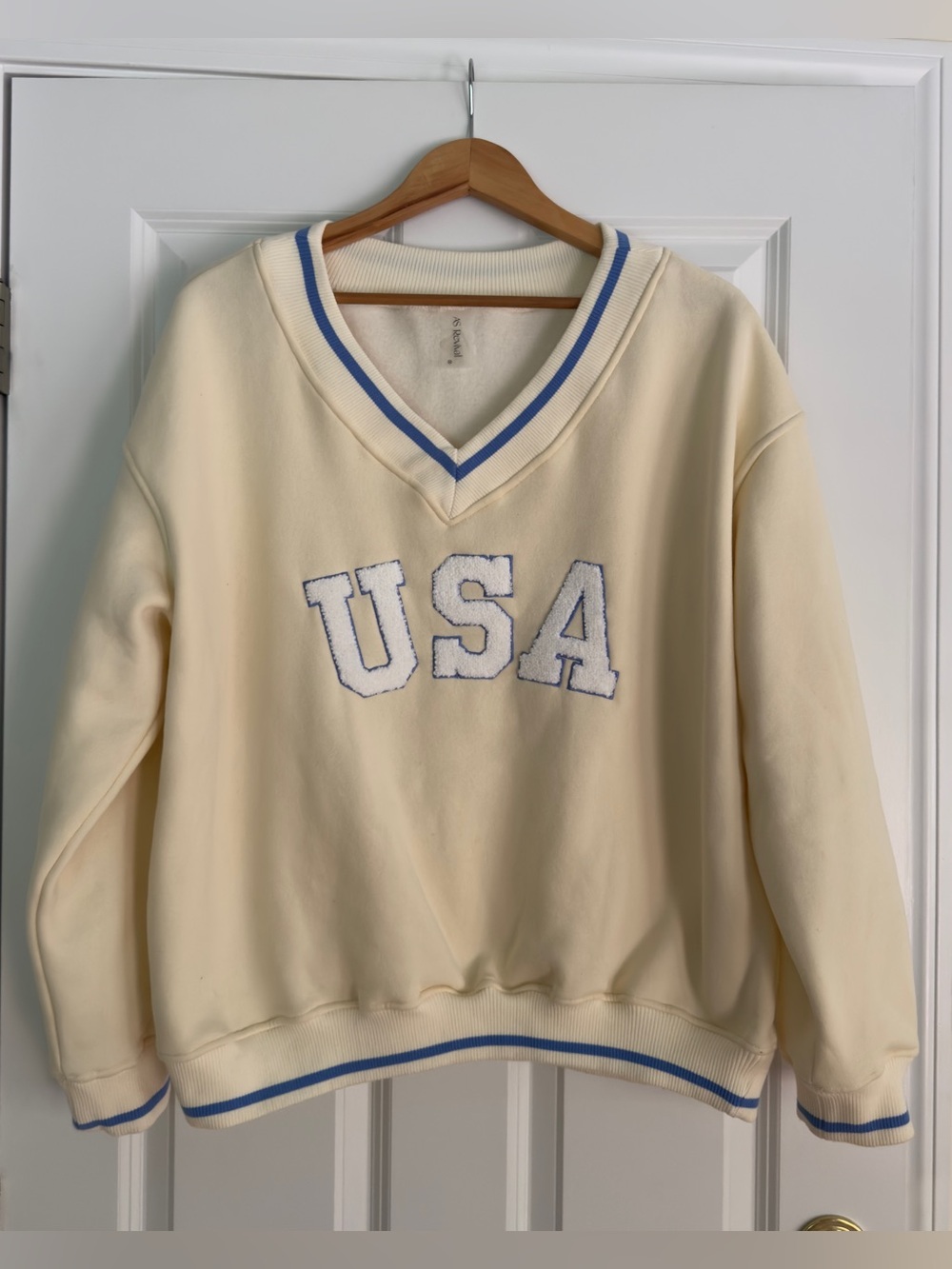 Altar’d State AS Revival Cream V-Neck USA Pullover Sweater with Blue Trim